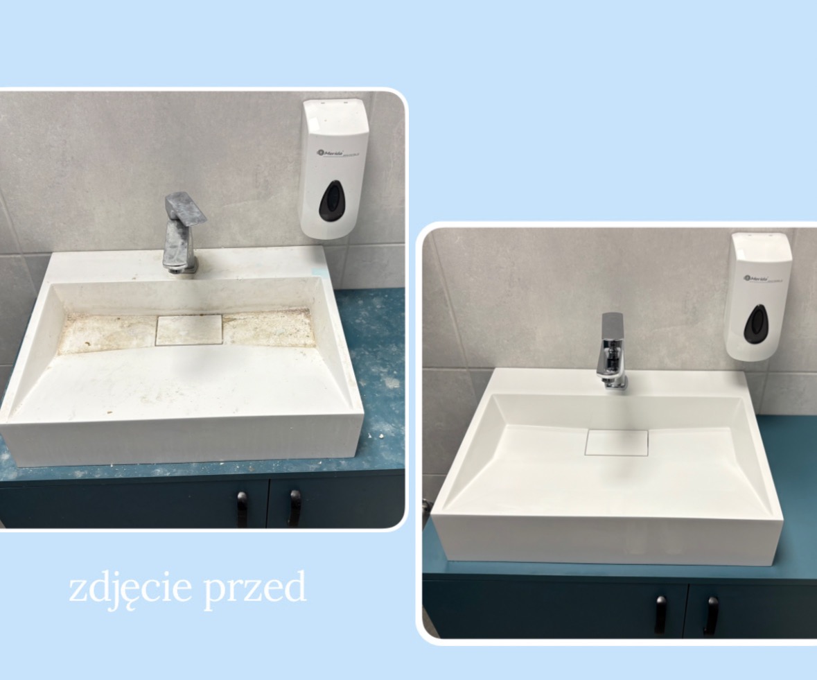 Umywalka łazienkowa przed i po czyszczeniu, widoczna różnica w czystości i połysku armatury. Porównanie stanu umywalki z dozownikiem mydła.