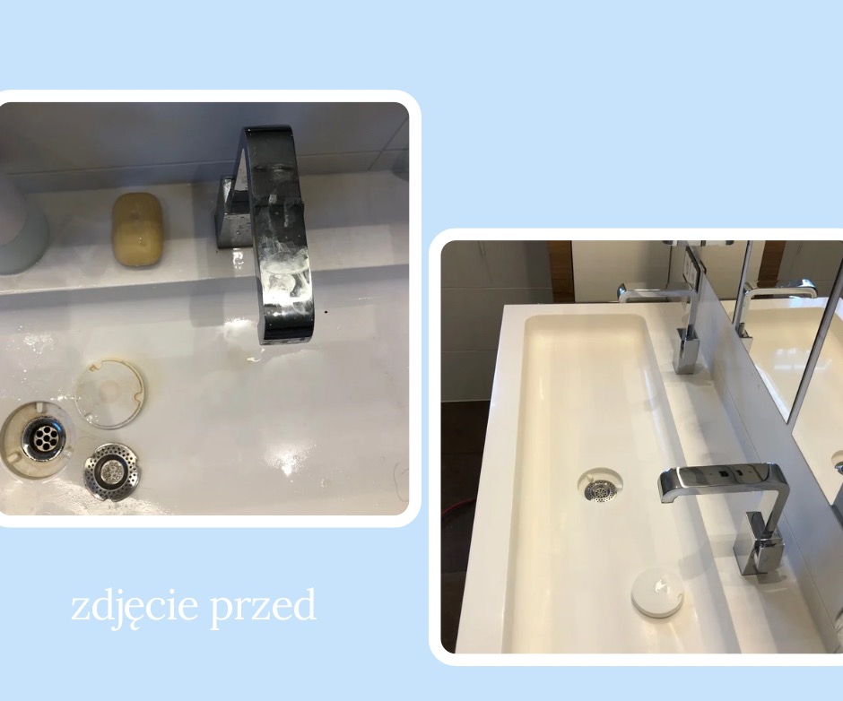 Umywalka łazienkowa: widok przed czyszczeniem z elementami odpływu obok i po czyszczeniu z zamontowanym odpływem. Porównanie stanu przed i po.