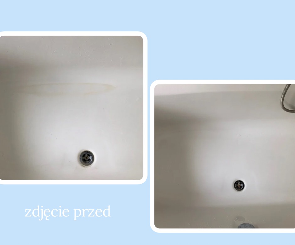 Biała wanna: widok przed i po czyszczeniu. Po lewej: zabrudzenia, po prawej: czysta powierzchnia. Ujęcie z góry, odpływ na środku.