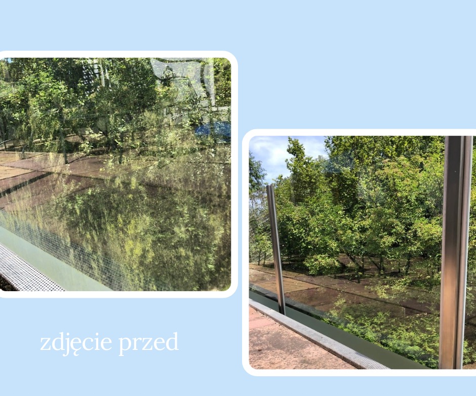 Okno przed i po umyciu: po lewej brudne, zamazane, po prawej czyste, przezroczyste z widokiem na zieleń. Porównanie w formie kolażu na niebieskim tle.