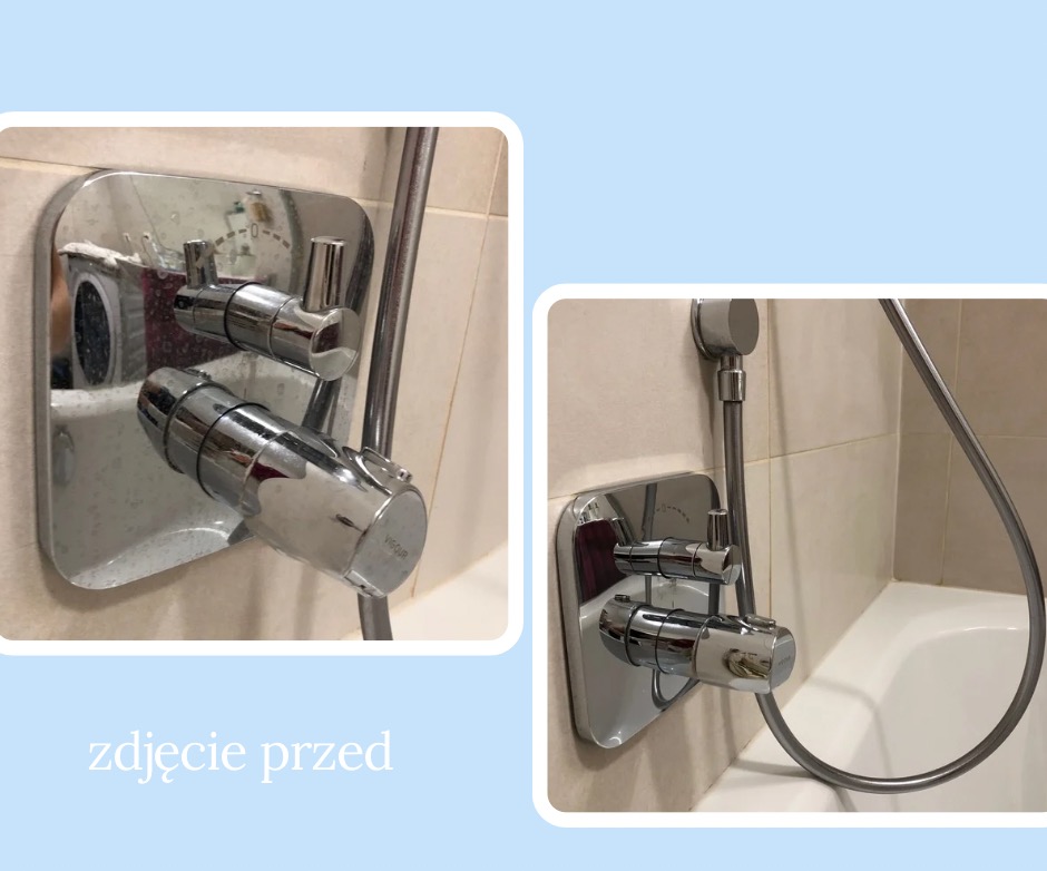 Kran prysznicowy przed czyszczeniem, widoczne osady i zacieki. Porównanie stanu przed i po, z naciskiem na detale armatury.