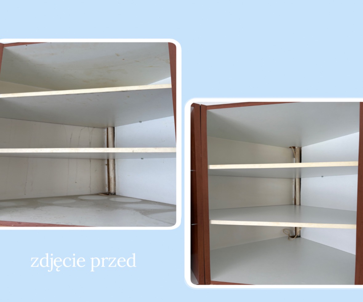 Porównanie: Półka przed sprzątaniem (brudna, z plamami) i po sprzątaniu (czysta, odświeżona). Ukazane w dwóch oddzielnych, zaokrąglonych kadrach na jasnoniebieskim tle.