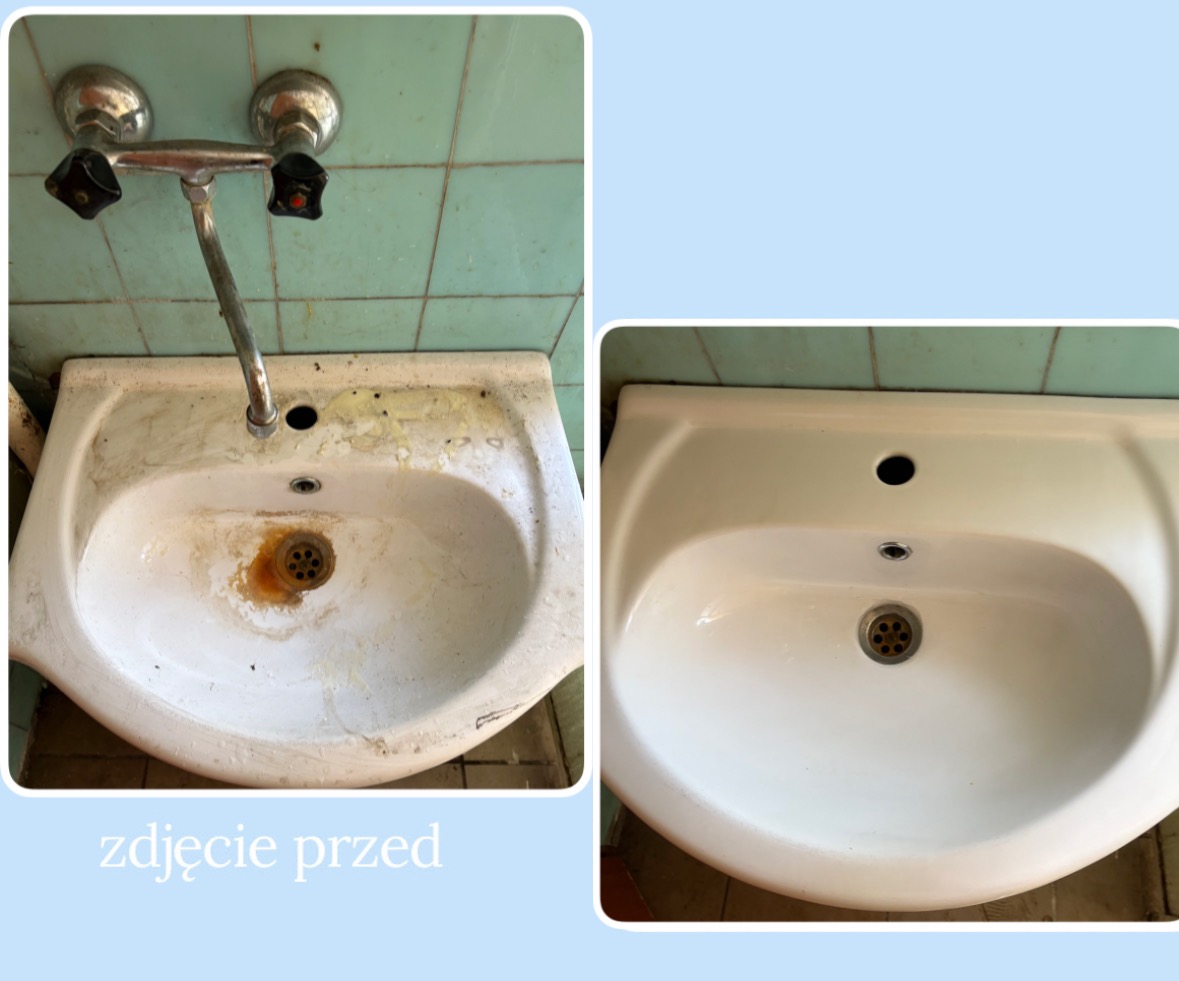 Umywalka przed i po czyszczeniu: po lewej brudna, z osadem i rdzą, po prawej lśniąca czystością. Widoczne płytki w tle.