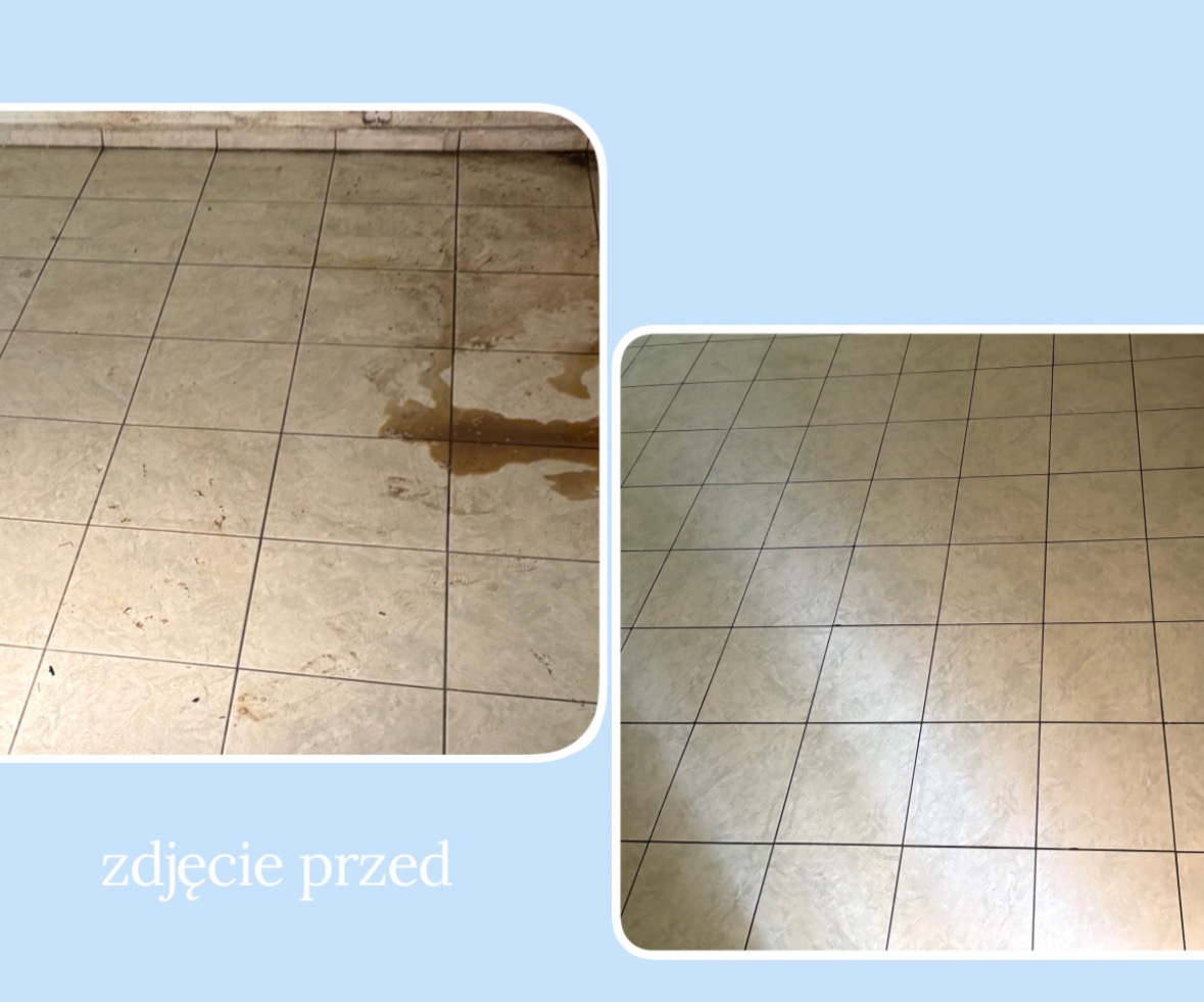 Płytki podłogowe: po lewej stronie zabrudzone, po prawej czyste. Układ 'przed i po' na jasnoniebieskim tle.