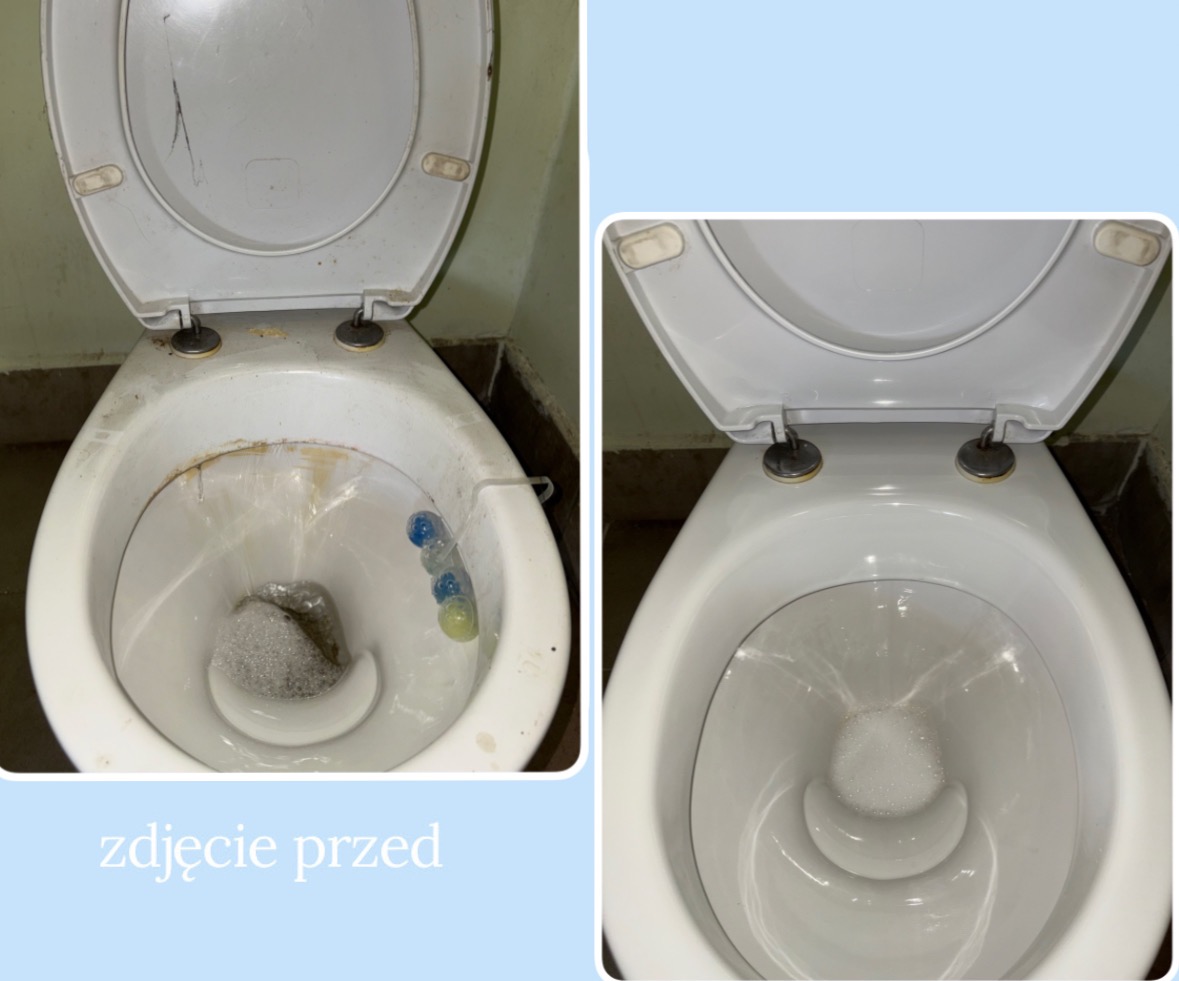 Toaleta: widok z góry przed i po czyszczeniu. Po lewej zabrudzona muszla, po prawej lśniąca czystością. Widoczne detale armatury i otoczenia.
