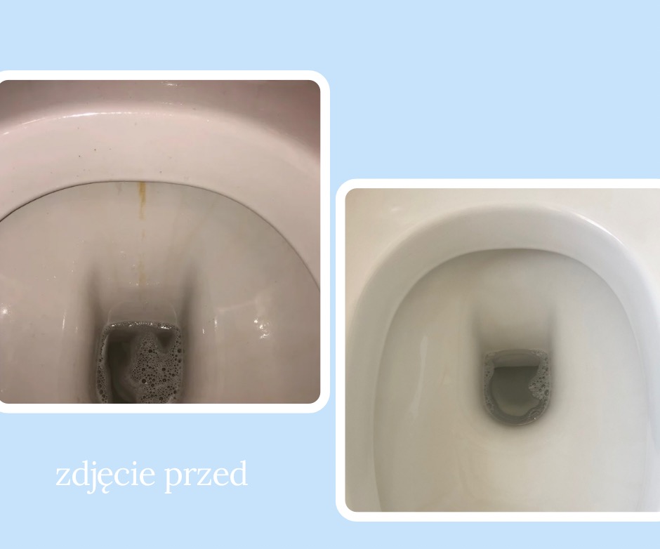 Toaleta: po lewej zabrudzona, po prawej czysta. Zestawienie 'przed i po' na jasnoniebieskim tle, prezentujące efekt sprzątania.