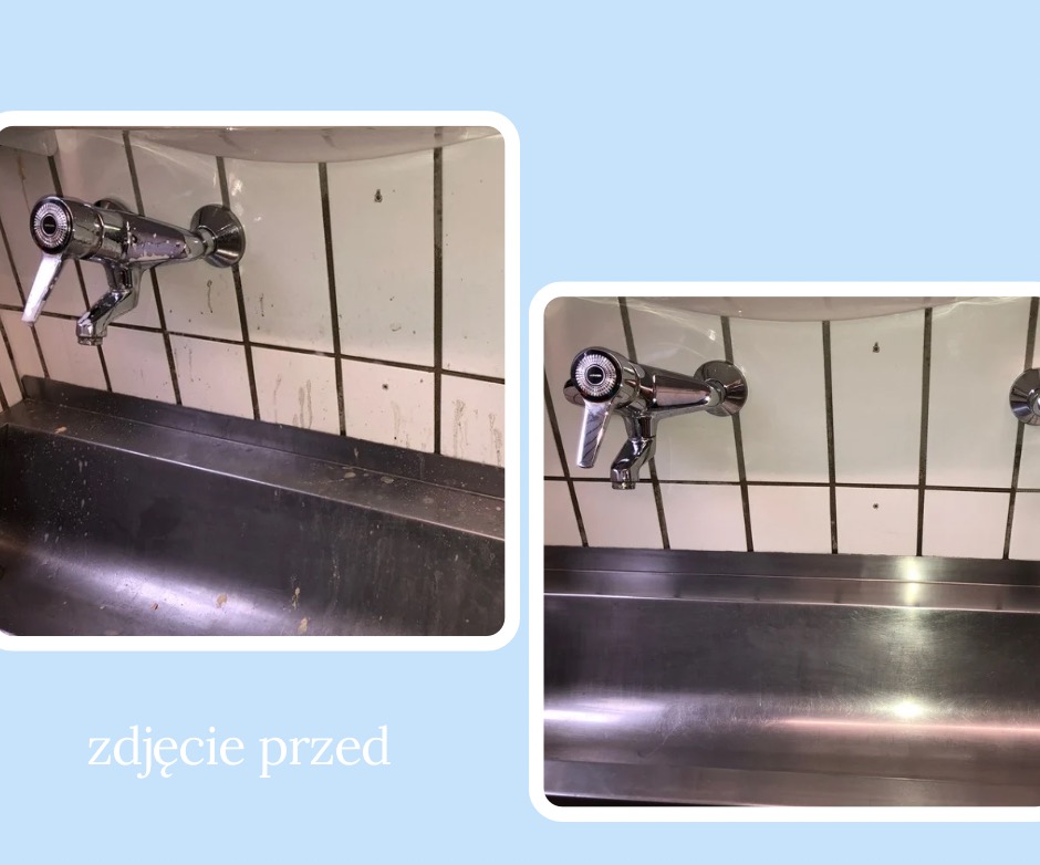 Zlewozmywak ze stali nierdzewnej przed i po czyszczeniu, widoczne plamy i zabrudzenia na kafelkach i armaturze, kontrastujące z lśniącą powierzchnią po umyciu.