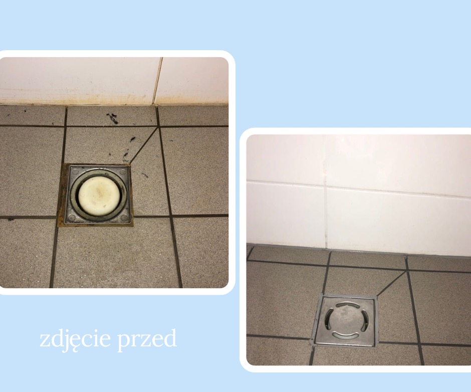 Kafelki podłogowe: widok przed i po czyszczeniu odpływu liniowego. Po lewej brudny odpływ, po prawej czysty, błyszczący odpływ. Prezentacja efektu.
