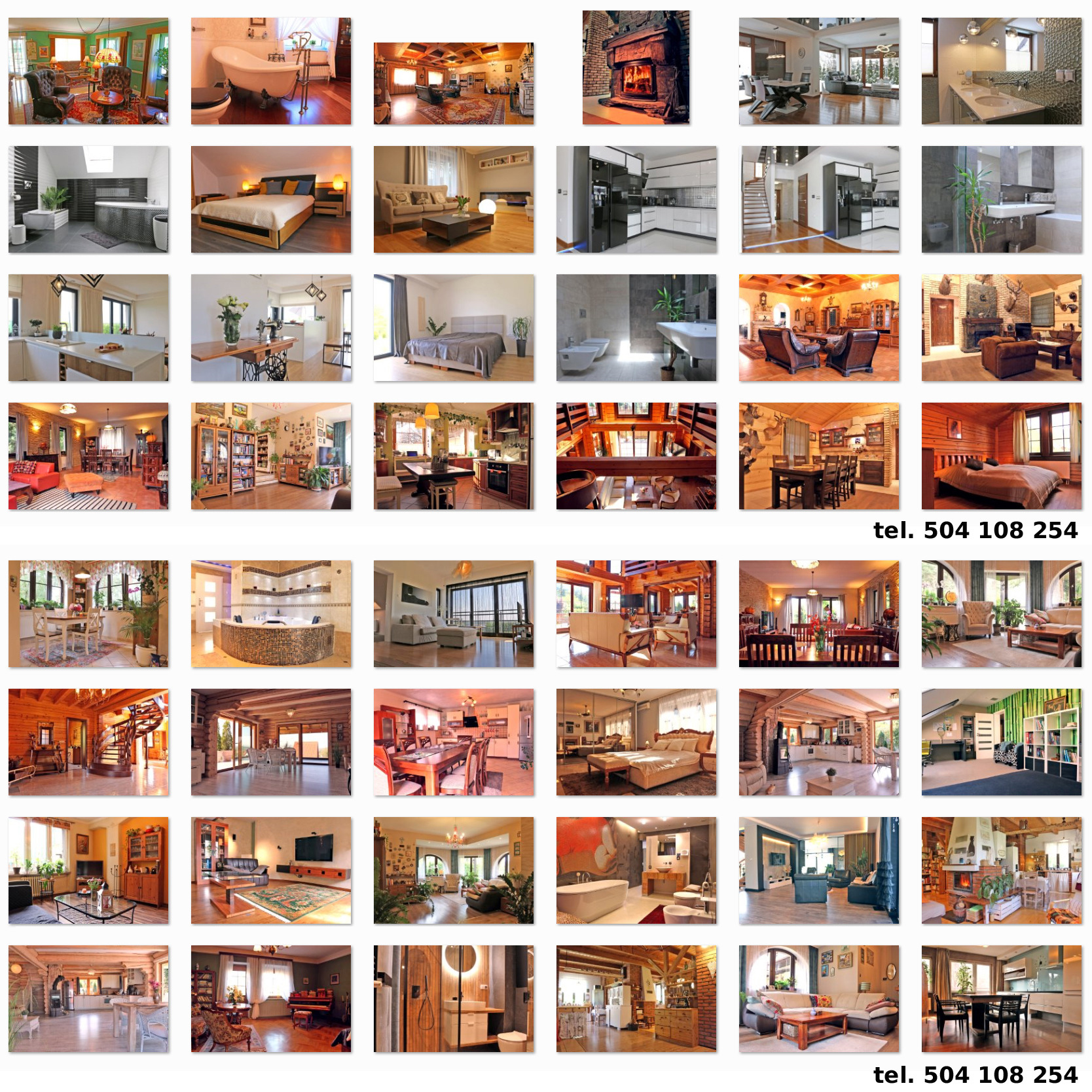 Kolaż 42 zdjęć wnętrz domów: salonów, kuchni, łazienek i sypialni. Różne style, od nowoczesnych po rustykalne. Widoczne meble, dekoracje i elementy wykończeniowe.