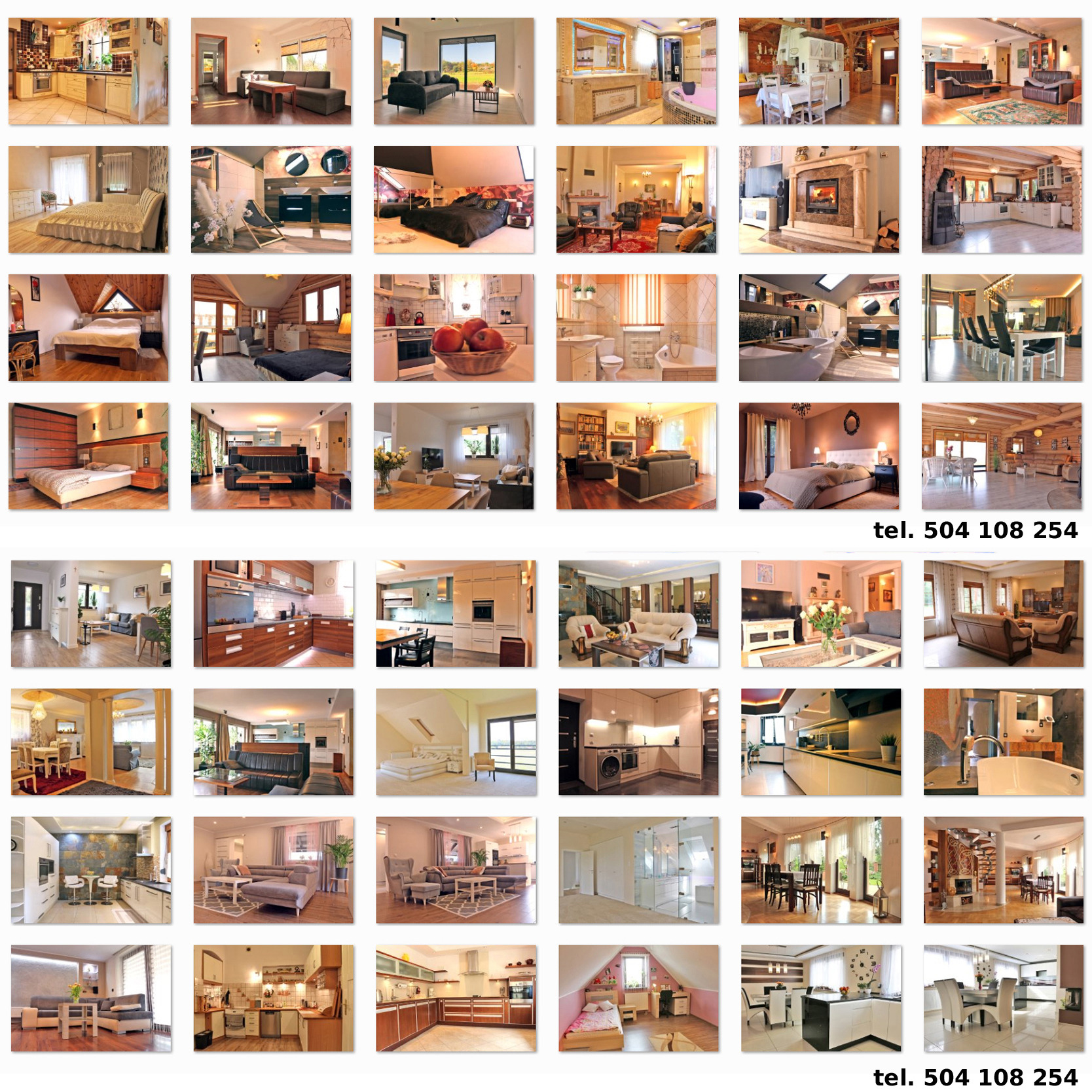 Kolaż 42 zdjęć wnętrz domów: kuchnie, salony, sypialnie, łazienki. Różne style i aranżacje, od nowoczesnych po rustykalne. Jasne, przestronne pomieszczenia, meble i dekoracje.