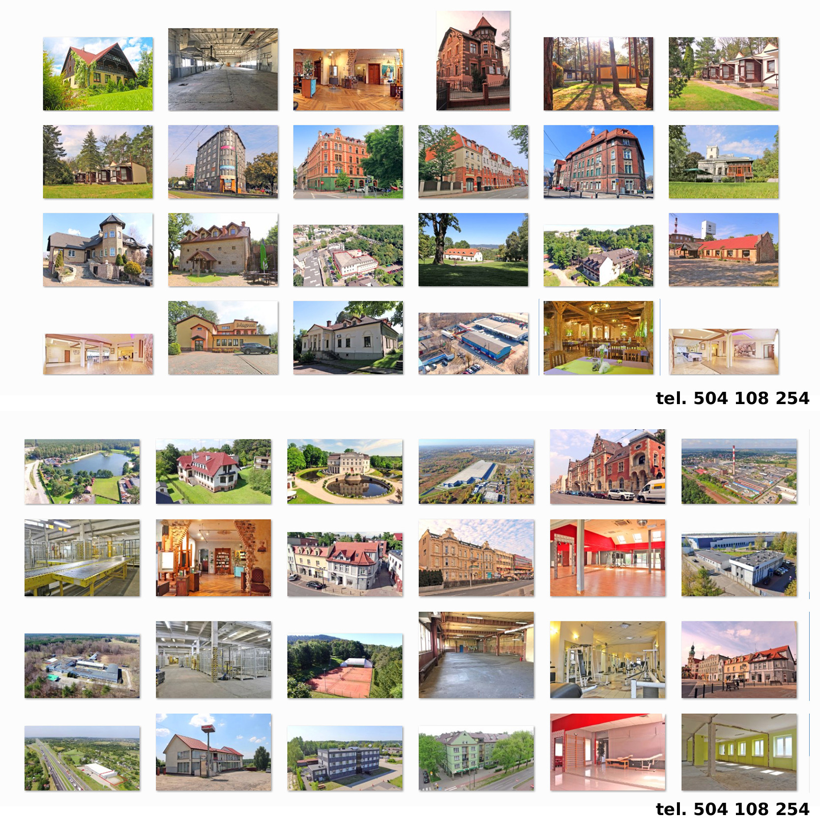 Kolaż zdjęć różnorodnych budynków i wnętrz, prezentujący architekturę komercyjną i mieszkalną, od domów jednorodzinnych po obiekty przemysłowe i sale restauracyjne.