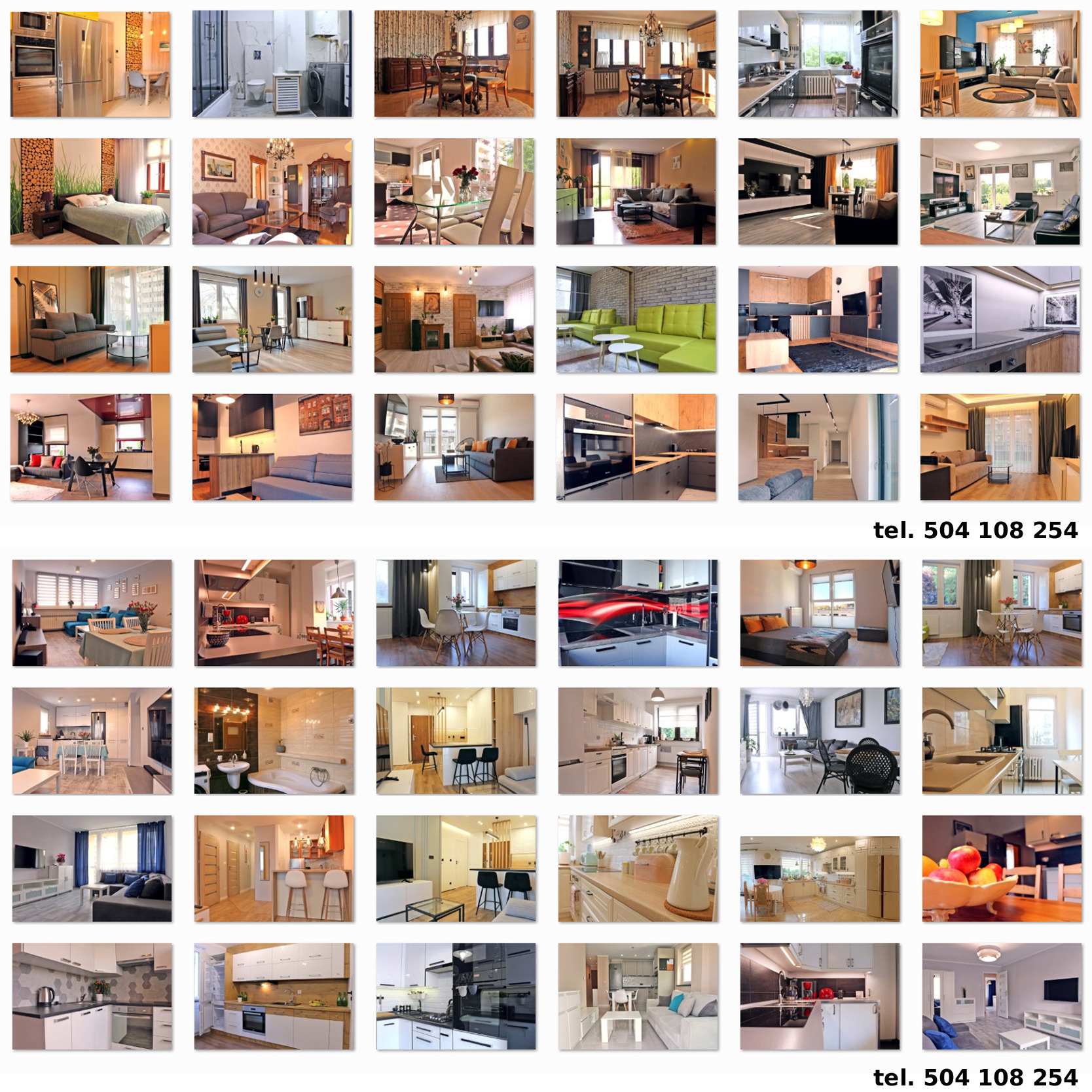 Mozaika zdjęć wnętrz: salonów, kuchni i łazienek. Różnorodne style aranżacji, od nowoczesnych po klasyczne. Jasne i przestronne pomieszczenia, z dbałością o detale.