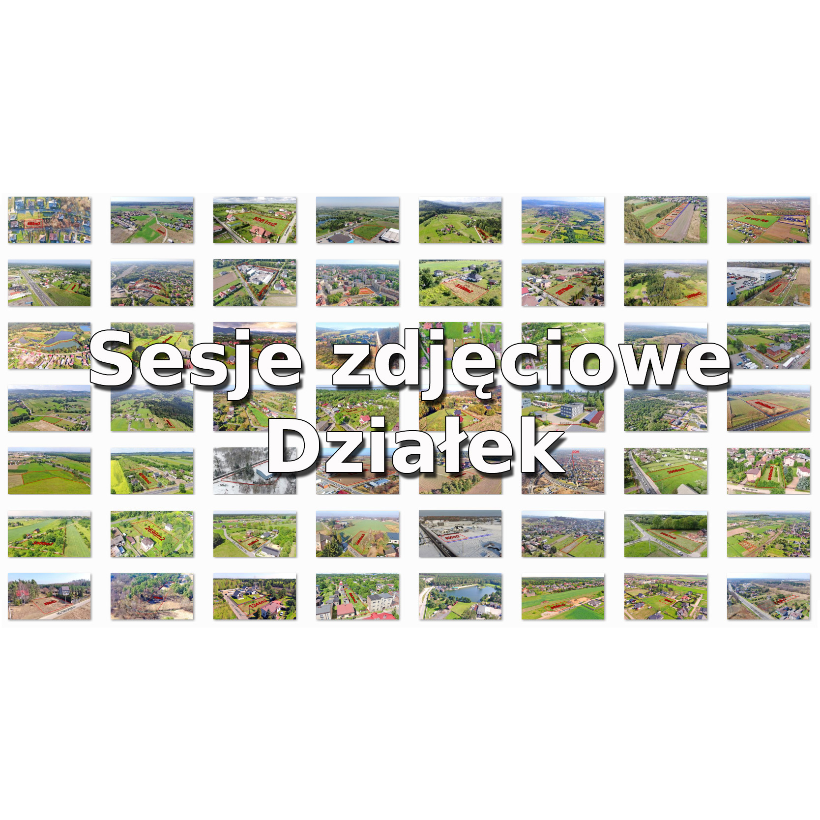 Kolaż zdjęć lotniczych działek z zaznaczonymi granicami, prezentujący portfolio fotografa nieruchomości. Ujęcia z różnych perspektyw i pór roku, z napisem 'Sesje zdjęciowe Działek'.