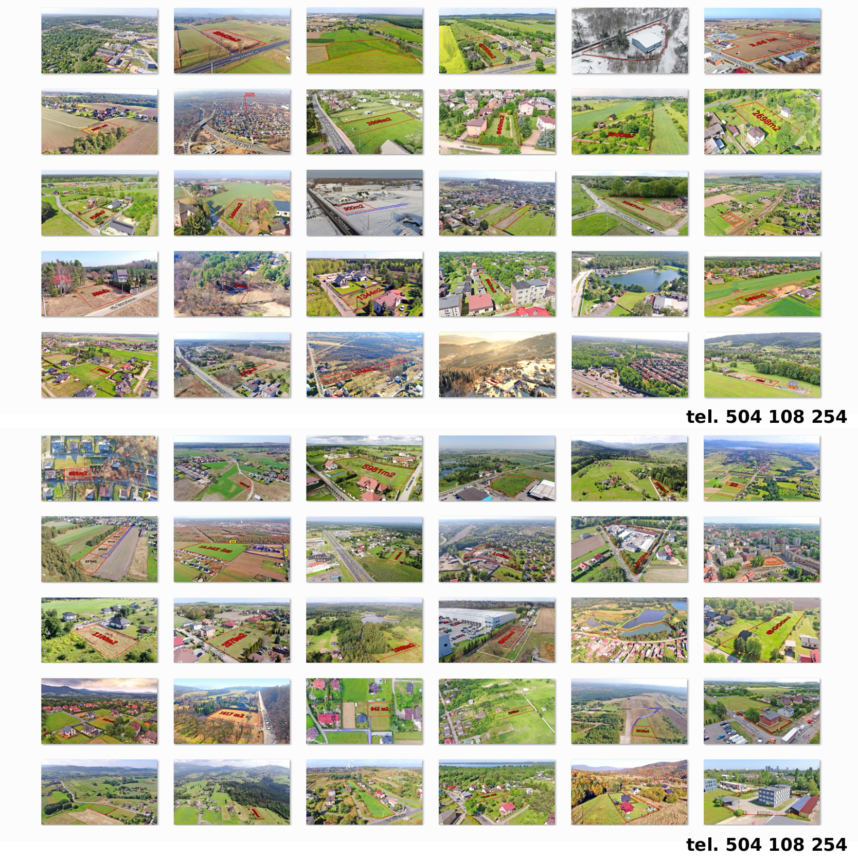 Mozaika zdjęć lotniczych działek z zaznaczonymi granicami i powierzchnią, wykonanych w różnych porach roku i lokalizacjach. Na dole widoczny numer telefonu kontaktowego.