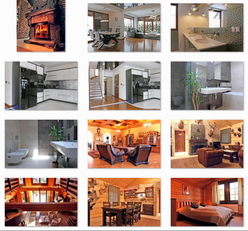 Kolaż z różnorodnych wnętrz domów w Katowicach: salon z kominkiem, nowoczesna kuchnia, łazienka z rośliną, rustykalny salon z skórzanymi fotelami i drewniane wnętrza.