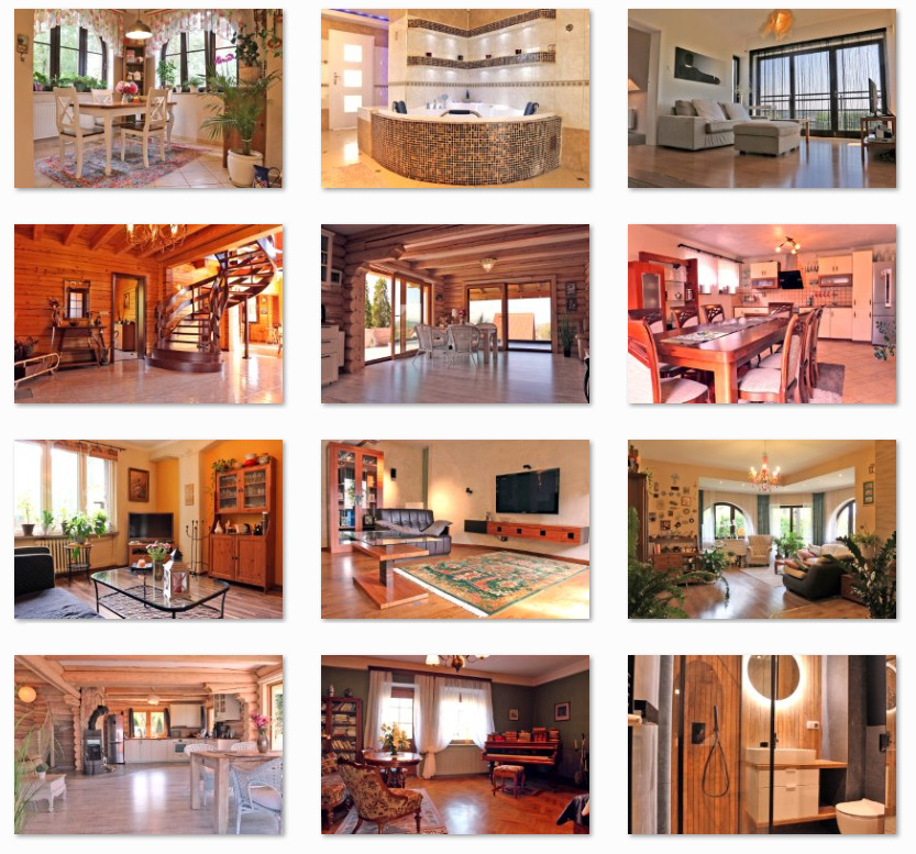 Kolaż z 12 zdjęć wnętrz domów: salon z drewnianymi schodami, łazienka z wanną, pokój dzienny z balkonem, kuchnia z jadalnią, salon z telewizorem, pokój z pianinem.