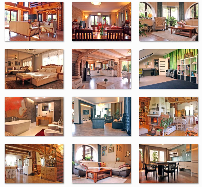 Kolaż z dziewięciu zdjęć wnętrz domów: salonów, kuchni, łazienek i sypialni. Różne style aranżacji, od nowoczesnych po rustykalne, z elementami drewna i naturalnego światła.