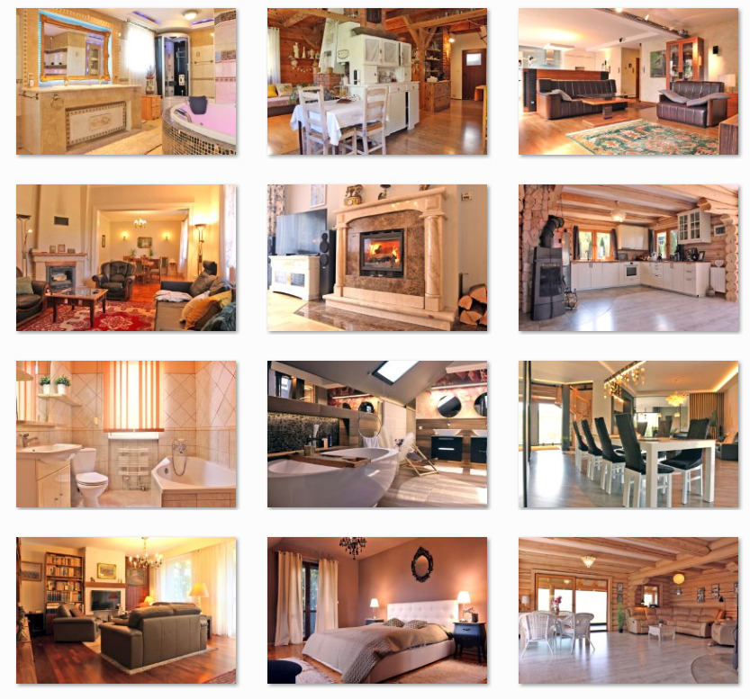 Kolaż z dwunastu zdjęć wnętrz domów: łazienki z wanną, salonu z kominkiem, sypialni z łóżkiem, kuchni z jadalnią. Różne style i aranżacje, ciepłe oświetlenie.