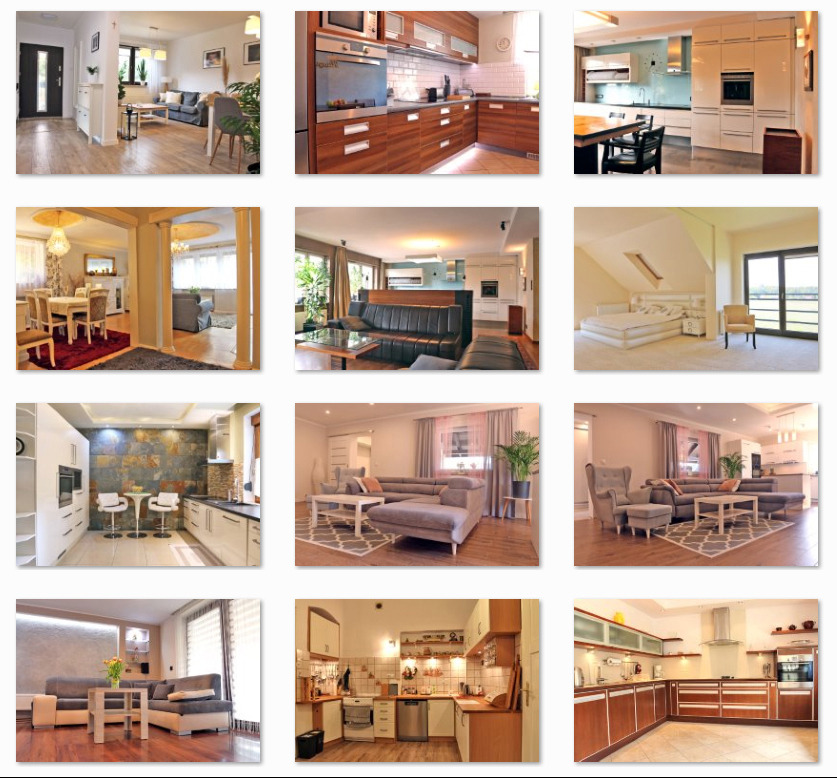 Kolaż z 12 zdjęć wnętrz domów: kuchnie z drewnianymi i białymi szafkami, salony z sofami, jadalnie ze stołami, sypialnia z łóżkiem, różne style i aranżacje.