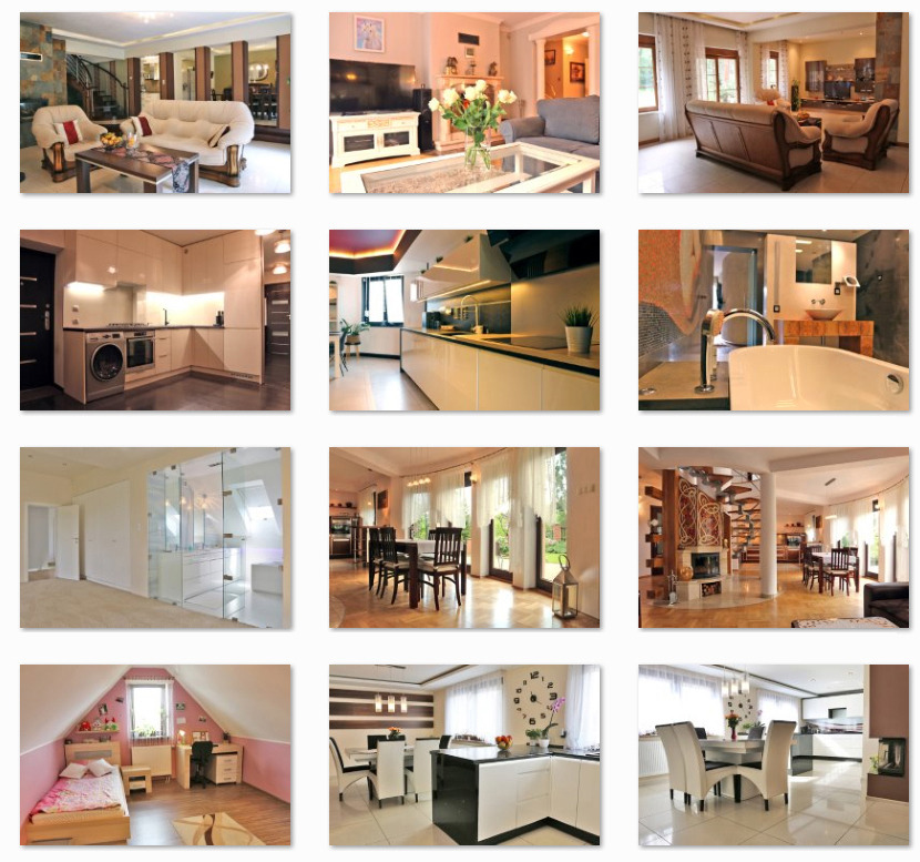 Kolaż prezentujący różnorodne, stylowe wnętrza domów: salon z sofą, nowoczesna kuchnia, łazienka z umywalką, pokój dziecięcy na poddaszu, jadalnia z krzesłami.