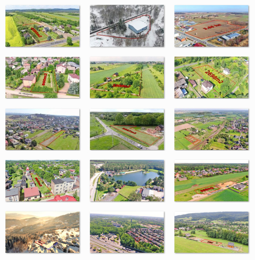 Kolaż zdjęć lotniczych działek z zaznaczonymi granicami, wykonanych w różnych porach roku i w różnym otoczeniu, prezentujący zrealizowane sesje zdjęciowe.