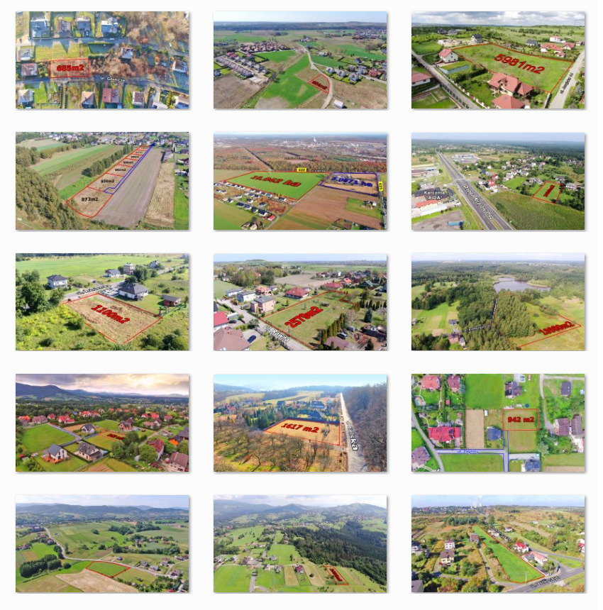 Zestaw zdjęć lotniczych działek z zaznaczonymi granicami i powierzchnią, wykonanych w słoneczny dzień. Widok z góry na tereny z zabudową mieszkalną i krajobraz.