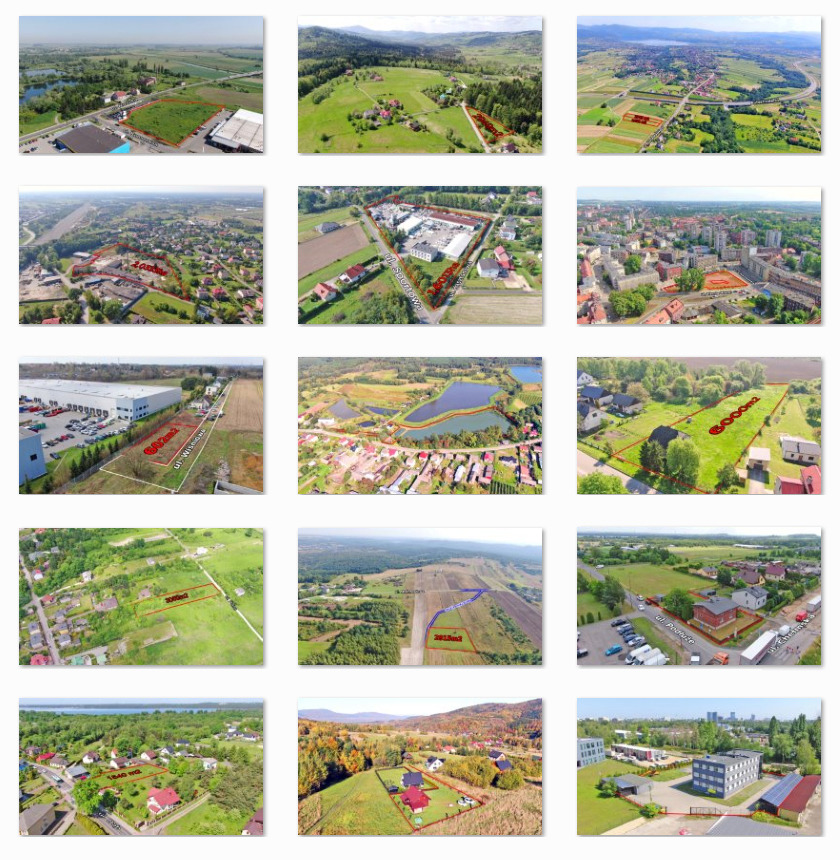 Mozaika zdjęć z lotu ptaka prezentująca działki z zaznaczonymi granicami, otoczone różnorodnym krajobrazem: od terenów miejskich po malownicze wzgórza i jeziora.