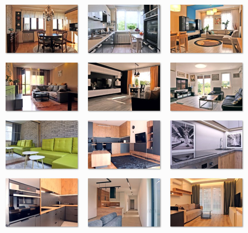 Kolaż z 12 zdjęć przedstawiających różnorodne, stylowo urządzone wnętrza mieszkań: kuchnie, salony, jadalnie. Różne style i aranżacje, od klasycznych po nowoczesne.