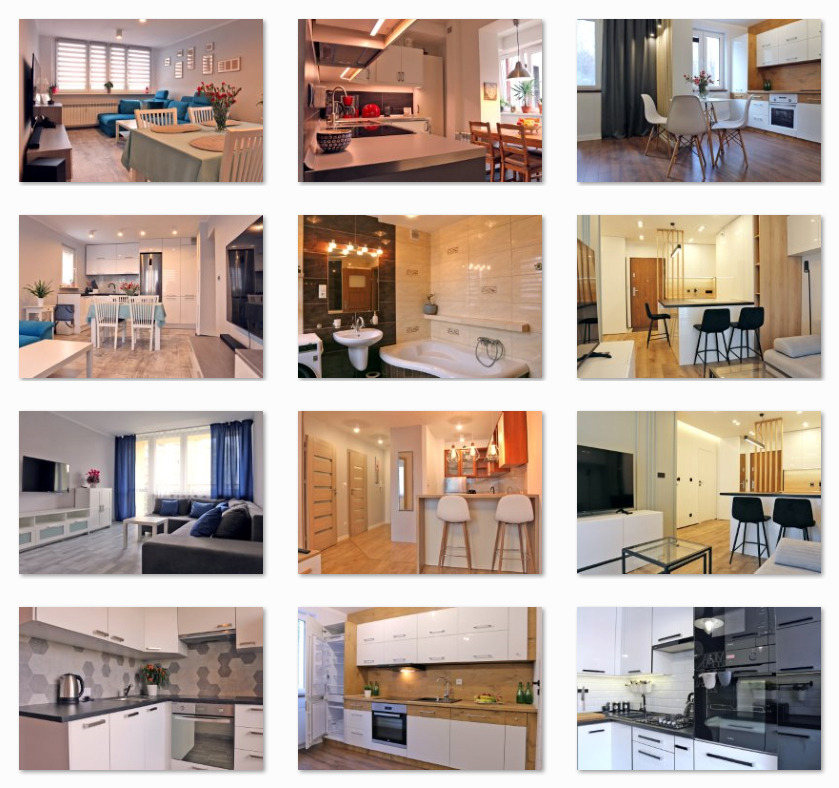 Kolaż z 12 zdjęć wnętrz: salonów, kuchni i łazienek. Różne style aranżacji, od nowoczesnych po klasyczne. Jasne kolory dominują, z akcentami drewna i szarości.