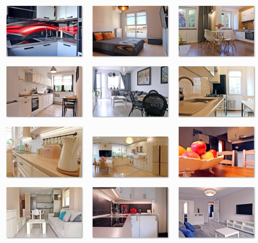 Kolaż z 12 zdjęć wnętrz: kuchnie, sypialnie, salony. Różne style i aranżacje, od nowoczesnych po klasyczne. Jasne, przestronne pomieszczenia z elementami dekoracyjnymi.