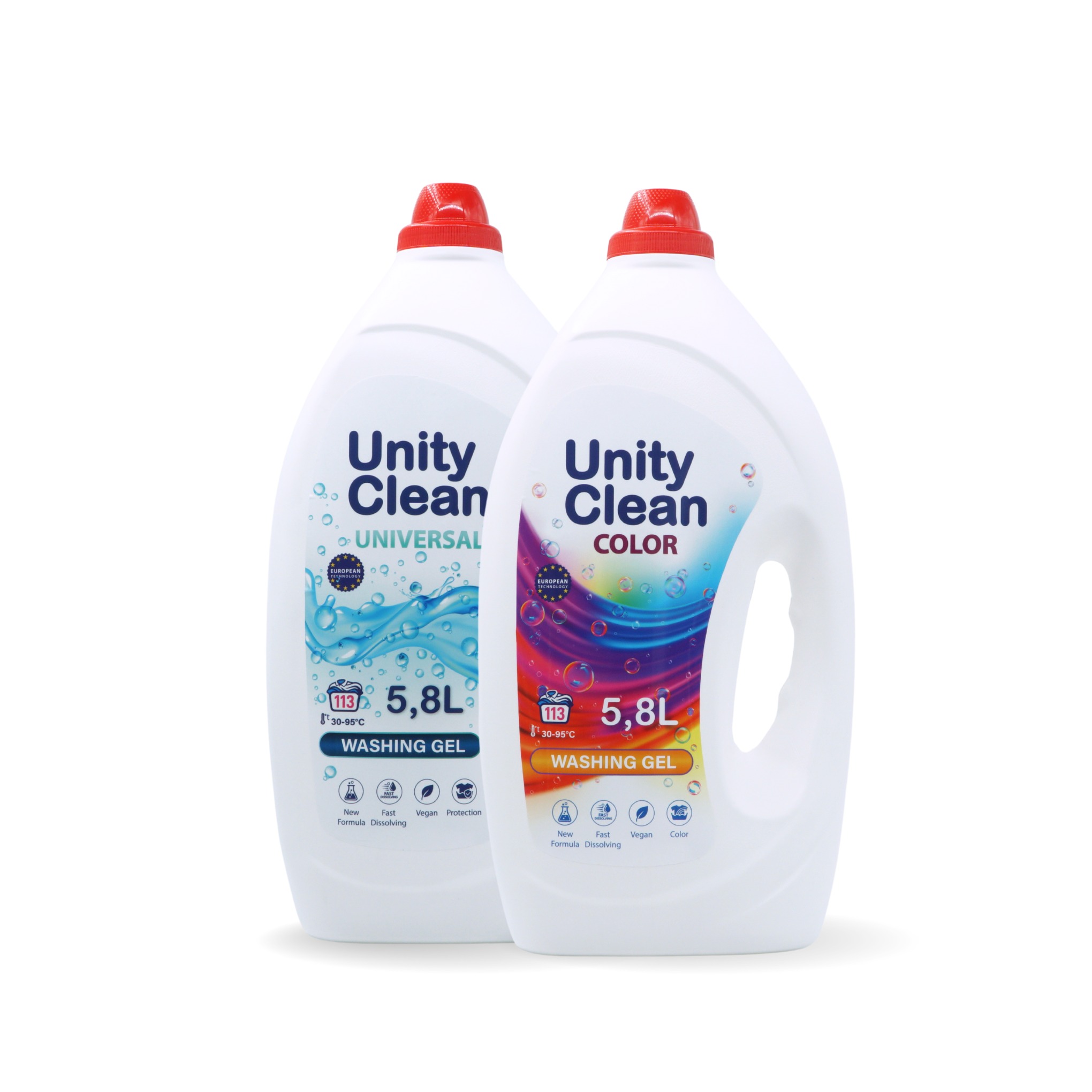Dwa białe pojemniki 5.8L z żelem do prania Unity Clean: Universal i Color, z czerwonymi zakrętkami i grafiką z bąbelkami. Nowa formuła, szybkie rozpuszczanie, wegański.