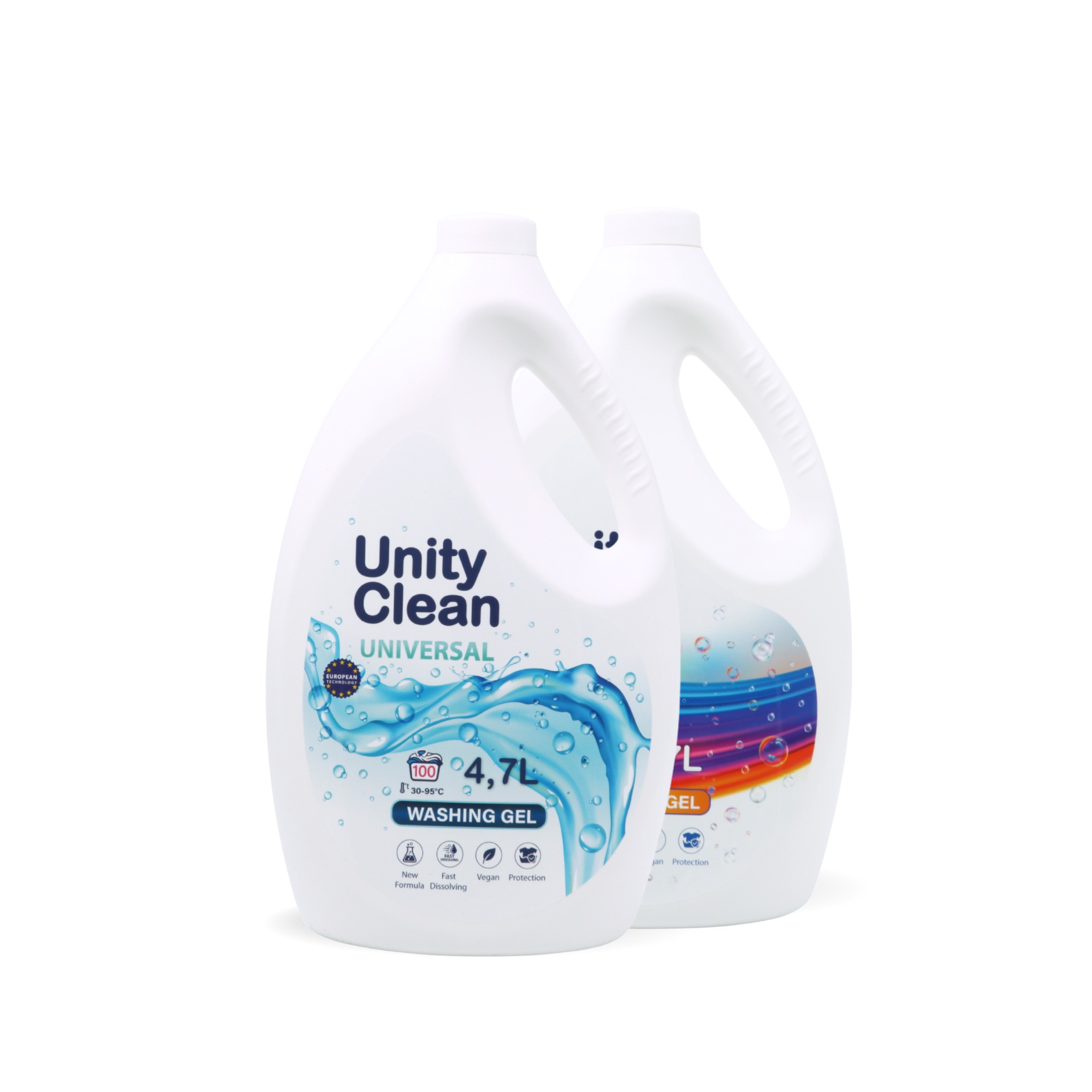Dwa białe pojemniki z płynem do prania Unity Clean Universal o pojemności 4,7L, z grafiką bąbelków i informacją o technologii europejskiej.