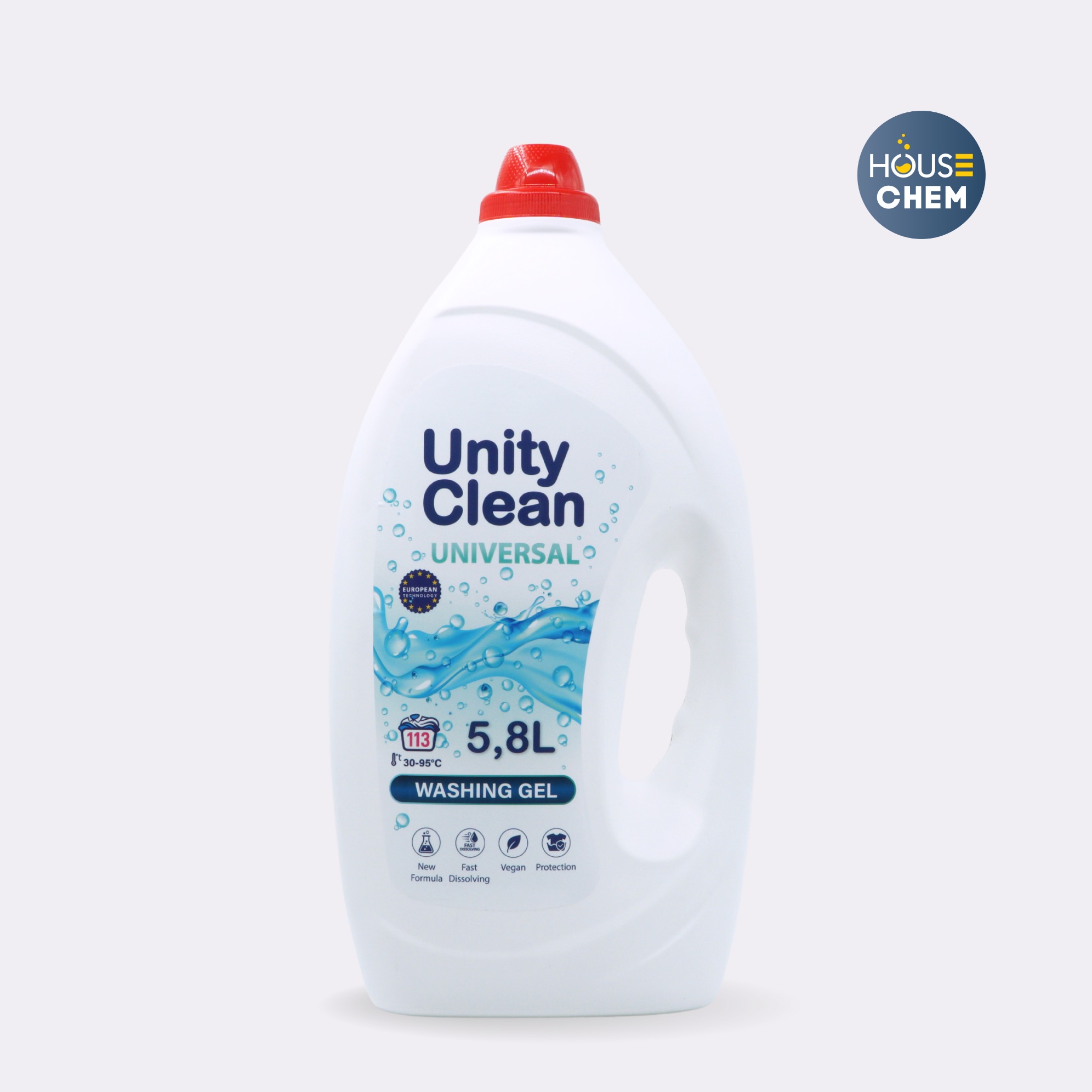 Biała butelka 5.8L z płynem do prania Unity Clean Universal z czerwonym korkiem na jasnym tle. Widoczne logo House Chem.