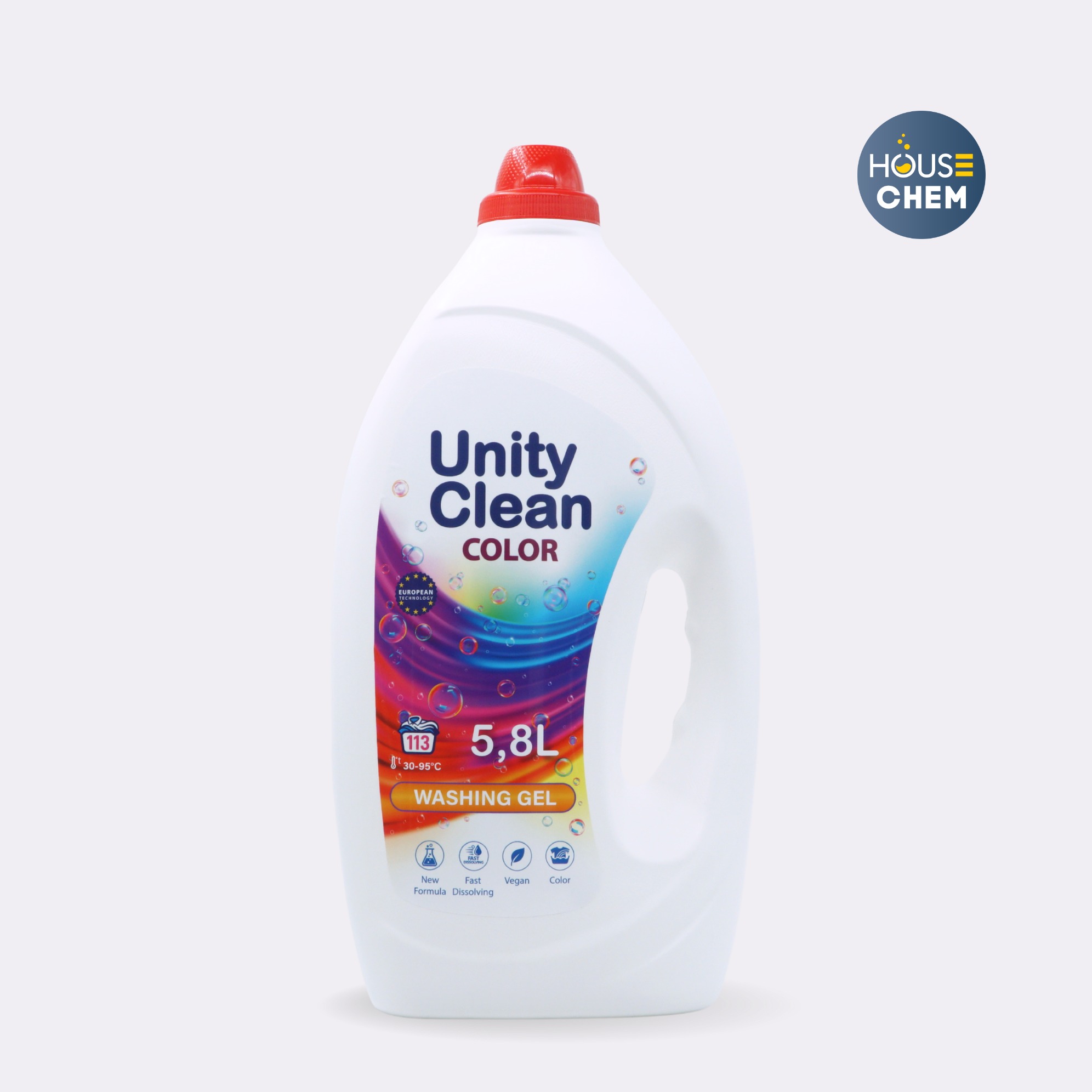 Biała butelka 5.8L z płynem do prania Unity Clean Color. Nowa formuła, szybkie rozpuszczanie, wegański, do kolorów. Logo House Chem w prawym górnym rogu.