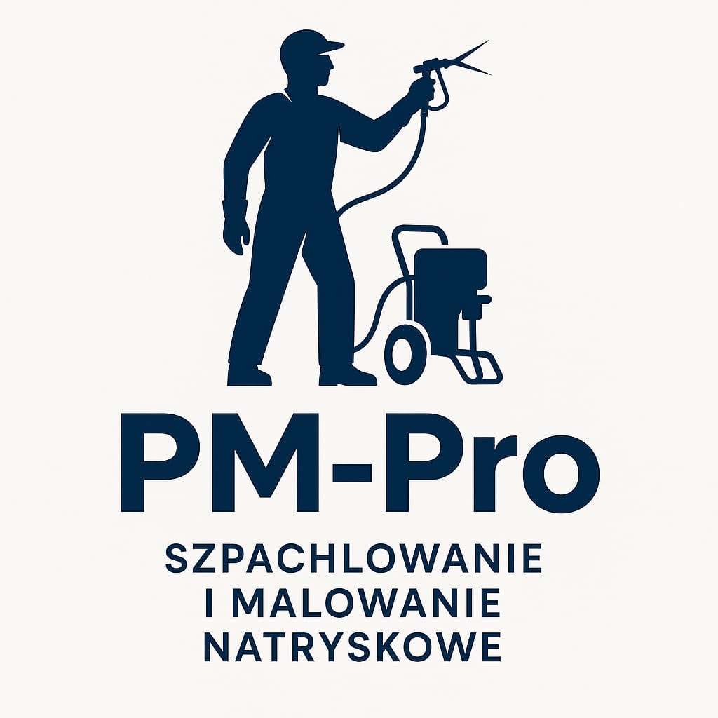 Grafika: sylwetka malarza natryskowego z urządzeniem, logo 'PM-Pro', napis 'Szpachlowanie i malowanie natryskowe' na jasnym tle. Minimalistyczny design.