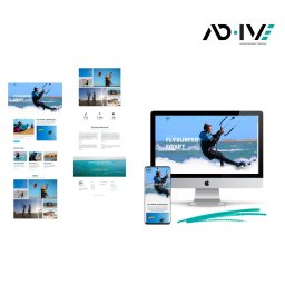 AD-IVE KATARZYNA BURACZYŃSKA-KAMAL ANNA KUŹMIŃSKA-SOLIMAN S.C. - Prezentacja responsywnej strony internetowej Flysurfer Egypt na ekranie komputera i smartfona, z logo Ad-Dive w prawym górnym rogu. Dynamiczne ujęcie kitesurfera na falach.