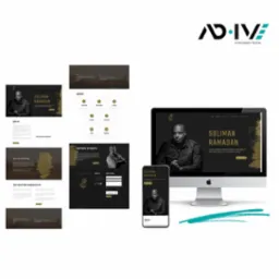 Prezentacja responsywnej strony internetowej na monitorze i smartfonie, z czarno-złotą kolorystyką i zdjęciem Solimana Ramadana. Widoczny branding AD.IVE w prawym górnym rogu.