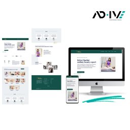 AD-IVE KATARZYNA BURACZYŃSKA-KAMAL ANNA KUŹMIŃSKA-SOLIMAN S.C. - Responsywny design strony internetowej salonu kosmetycznego na monitorze i smartfonie, obok wydrukowane fragmenty projektu, zieleń i biel, logo firmy w prawym górnym rogu.