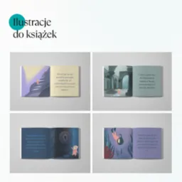 Ilustracje do książki dziecięcej: otwarte strony prezentują fantazyjne, kolorowe sceny z małą postacią w różnych przygodach, od wspinaczki po eksplorację podwodną.