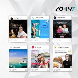 AD-IVE KATARZYNA BURACZYŃSKA-KAMAL ANNA KUŹMIŃSKA-SOLIMAN S.C. - Kompozycja sześciu postów z Instagrama różnych firm, z logotypem 'AD.IVE' w prawym górnym rogu i hasłem 'ADVERTISEMENT CREATIVE' pod nim.