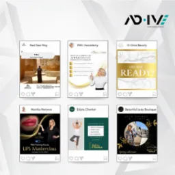Kompozycja sześciu reklam na Instagramie: podróże, makijaż permanentny, kosmetyki, szkolenia i moda. Różne style i tematyki w jednym ujęciu, z logo 'AD.IVE' na górze.