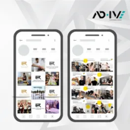 Dwa ekrany smartfonów prezentują profil na Instagramie z postami o tematyce wellness i urody, w tonacji czarno-biało-złotej. Widoczne logo firmy AD•IVE w prawym górnym rogu.