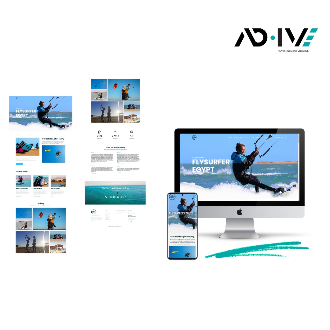 Prezentacja responsywnej strony internetowej Flysurfer Egypt na ekranie komputera i smartfona, z logo Ad-Dive w prawym górnym rogu. Dynamiczne ujęcie kitesurfera na falach.