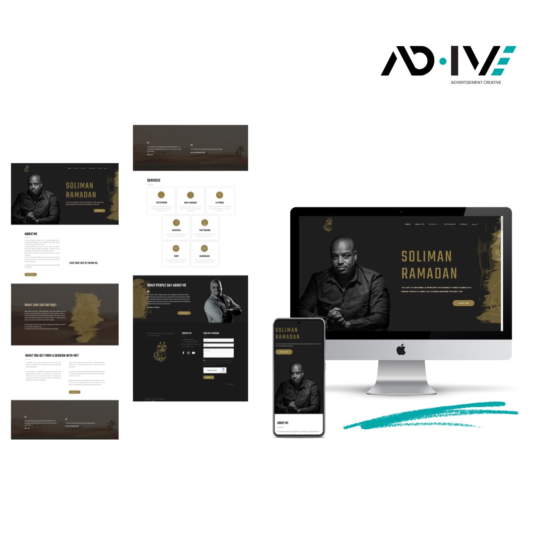 Prezentacja responsywnej strony internetowej na monitorze i smartfonie, z czarno-złotą kolorystyką i zdjęciem Solimana Ramadana. Widoczny branding AD.IVE w prawym górnym rogu.
