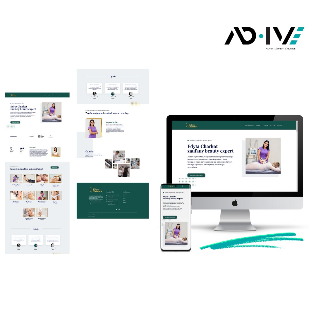 Responsywny design strony internetowej salonu kosmetycznego na monitorze i smartfonie, obok wydrukowane fragmenty projektu, zieleń i biel, logo firmy w prawym górnym rogu.
