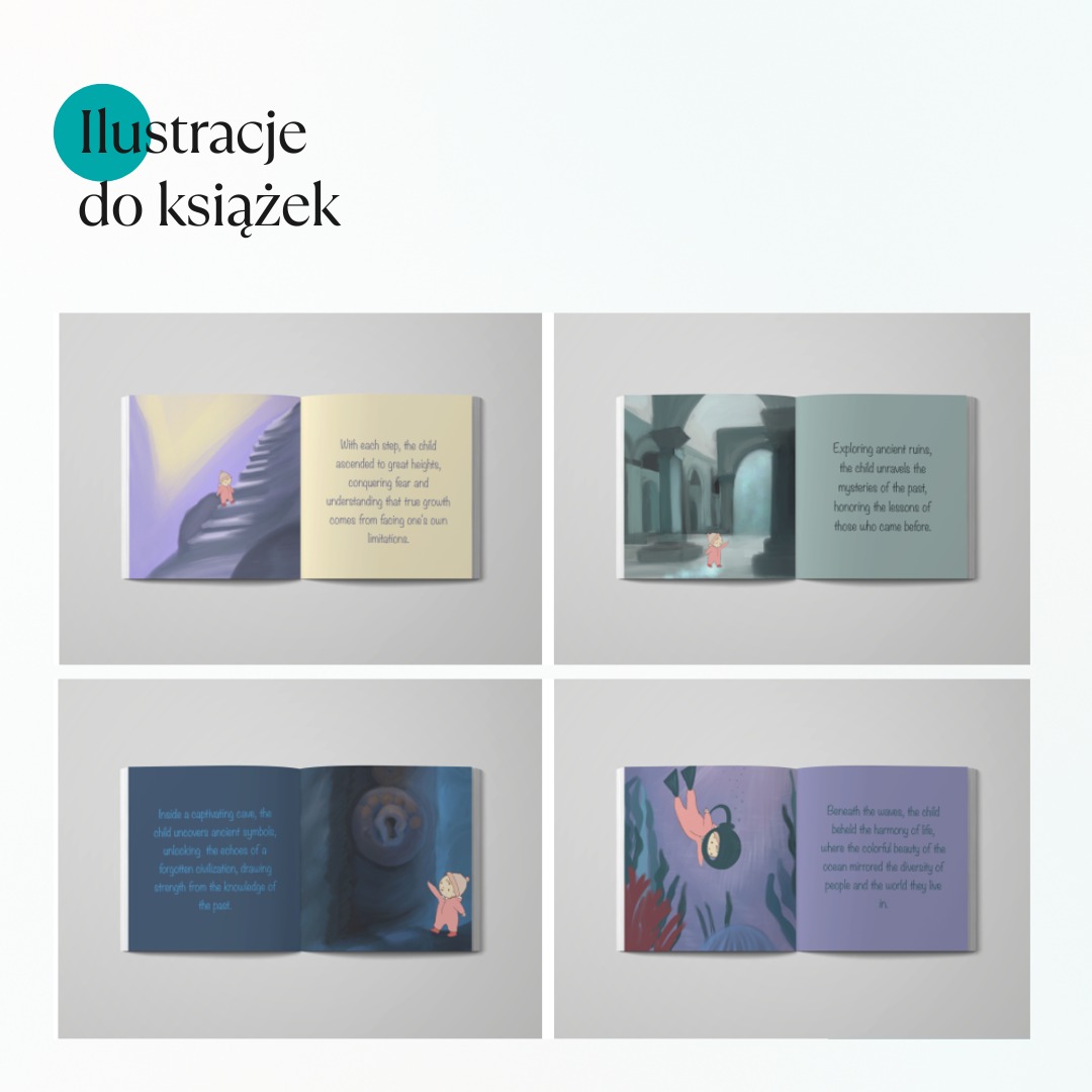 Ilustracje do książki dziecięcej: otwarte strony prezentują fantazyjne, kolorowe sceny z małą postacią w różnych przygodach, od wspinaczki po eksplorację podwodną.