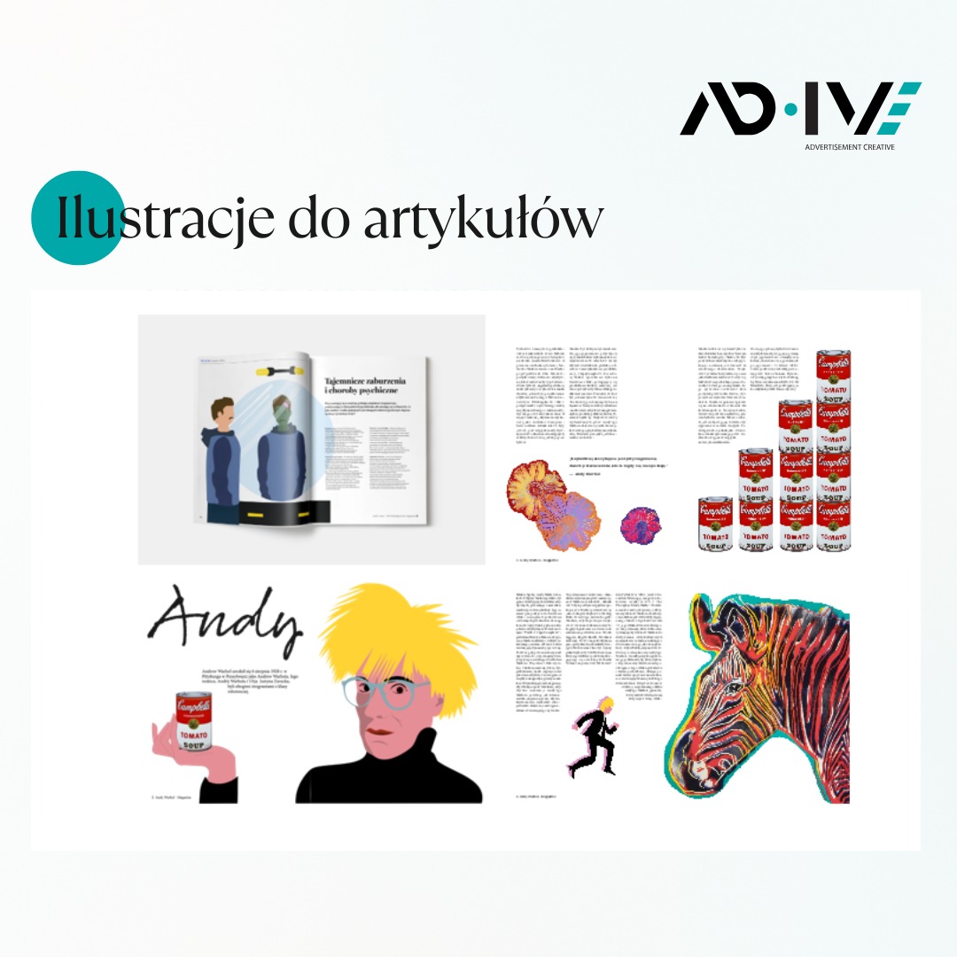 Ilustracje do artykułów z motywami Andy'ego Warhola, mózgu i zebry, w stylu reklamowym. Widoczne logo firmy AD-IVE.
