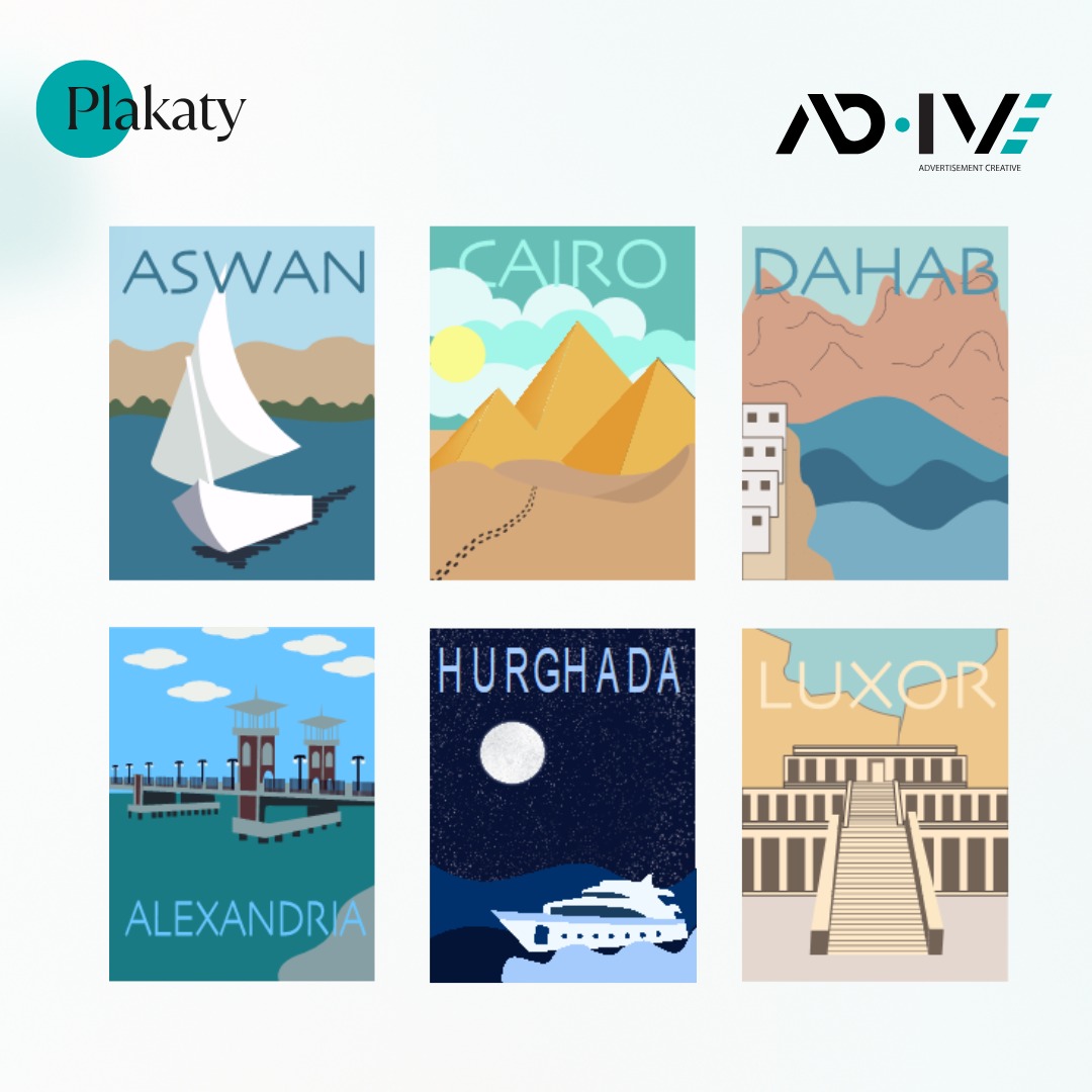 Zestaw sześciu minimalistycznych plakatów z ilustracjami miast Egiptu: Aswan, Kair, Dahab, Aleksandria, Hurghada, Luxor. Każdy plakat w unikalnej kolorystyce i stylu.