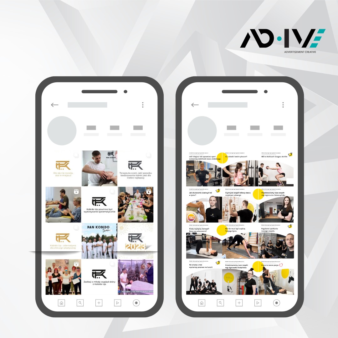 Dwa ekrany smartfonów prezentują profil na Instagramie z postami o tematyce wellness i urody, w tonacji czarno-biało-złotej. Widoczne logo firmy AD•IVE w prawym górnym rogu.