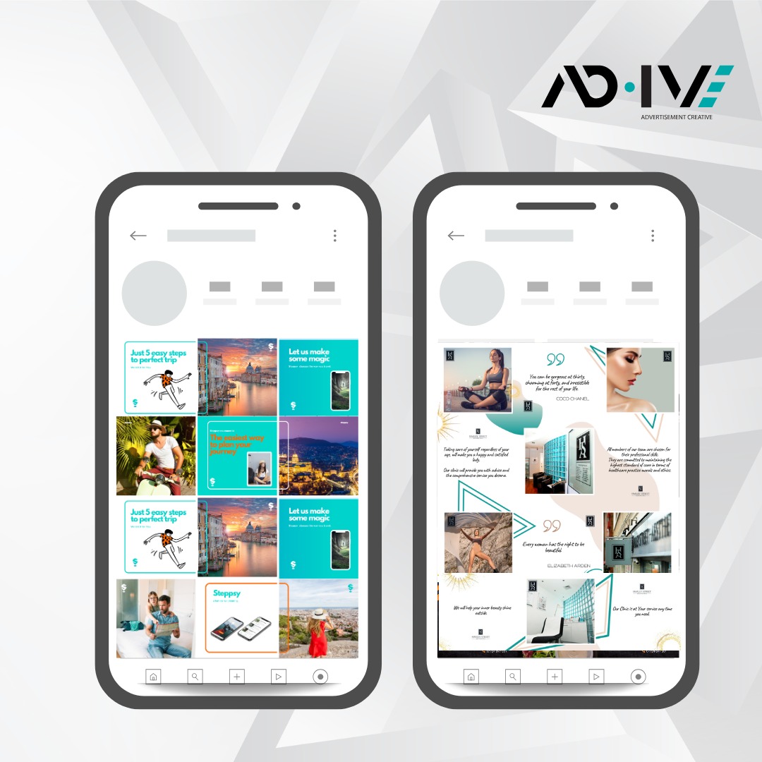 Dwa smartfony prezentują siatkę postów z Instagrama, z logo firmy reklamowej w tle. Posty zawierają zdjęcia podróżnicze, portrety i cytaty.